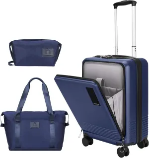 20 inch Small Carry On Luggage Front Open with Laptop Pocket, ABS PC Hard Shell Suitcase with Spinner Wheels TSA Lock & YKK Zipper, 20in/Toiletry Bag/Handbag, Dark Deep Navy Blue