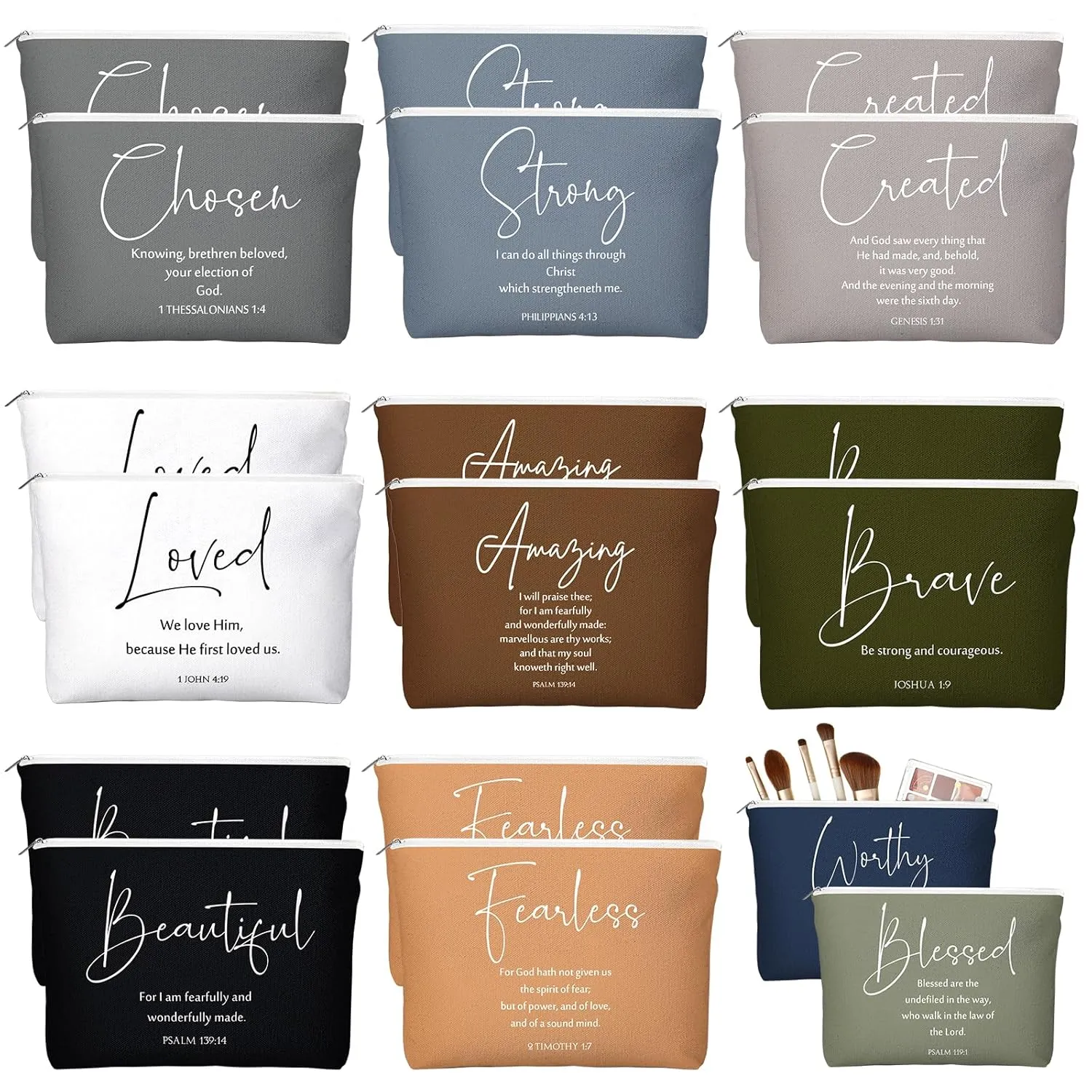20 Pcs Christian Gifts for Women Religious Makeup Bags Canvas Inspirational Bible Verse Pencil Pouch with Zipper Church Cosmetic Bags for Mom Travel Employee(Neutral,Bible Words)