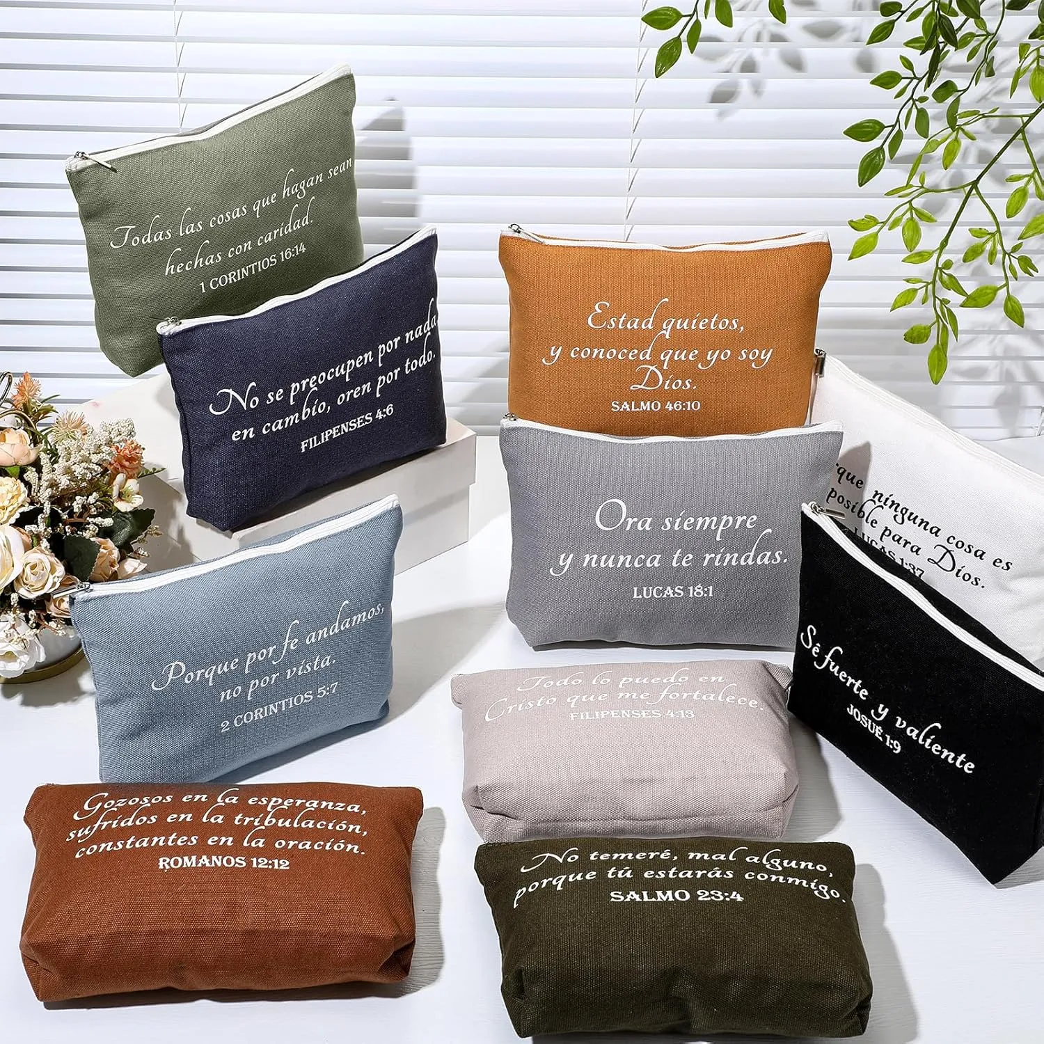 20 Pcs Christian Gifts for Women Religious Makeup Bags Cosmetic Inspirational Bible Verse Pencil Pouch with Zipper Mothers Day Thank You Church Gift Mom Travel Employee(Neutral,Spanish)