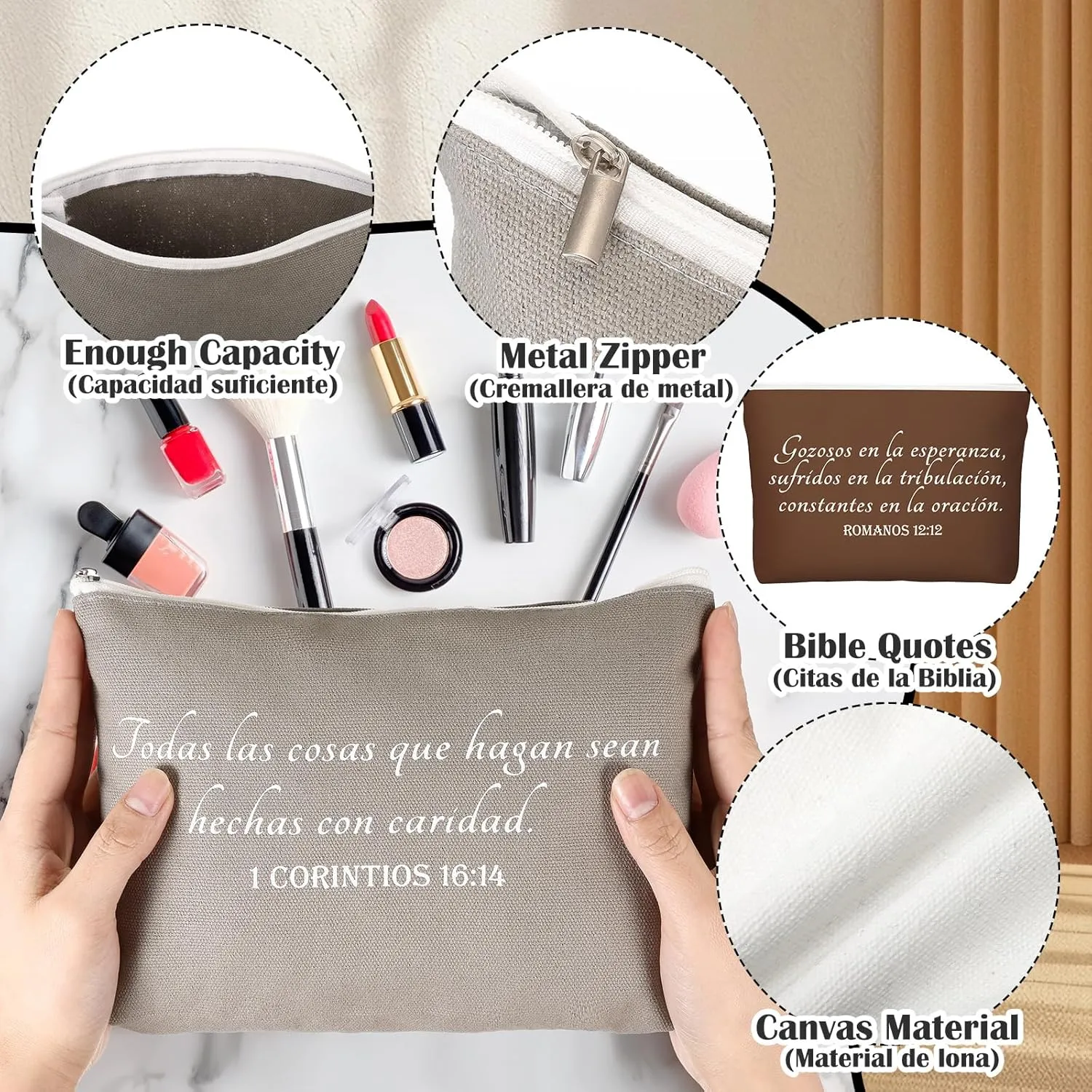 20 Pcs Christian Gifts for Women Religious Makeup Bags Cosmetic Inspirational Bible Verse Pencil Pouch with Zipper Mothers Day Thank You Church Gift Mom Travel Employee(Neutral,Spanish)
