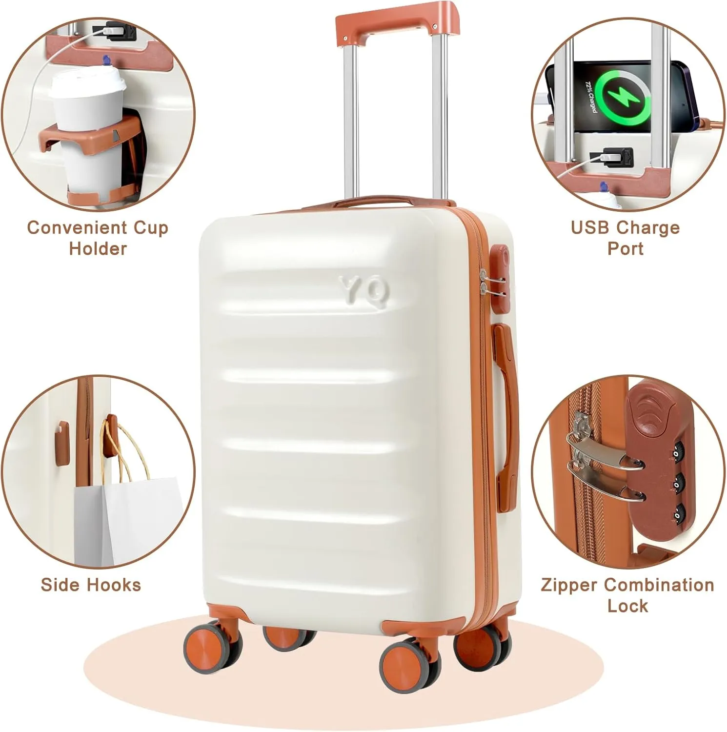 20” Suitcase Set 10 Pcs, Airline Certified Luggage, Carry-on Luggage with Cup Holder and USB Port, Suitable for Business, Traveling (Luggage   2 Travel Bags, 7 Organizer Bags, White)