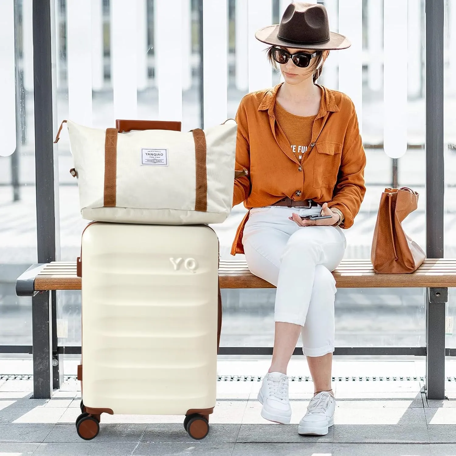 20” Suitcase Set 10 Pcs, Airline Certified Luggage, Carry-on Luggage with Cup Holder and USB Port, Suitable for Business, Traveling (Luggage   2 Travel Bags, 7 Organizer Bags, White)
