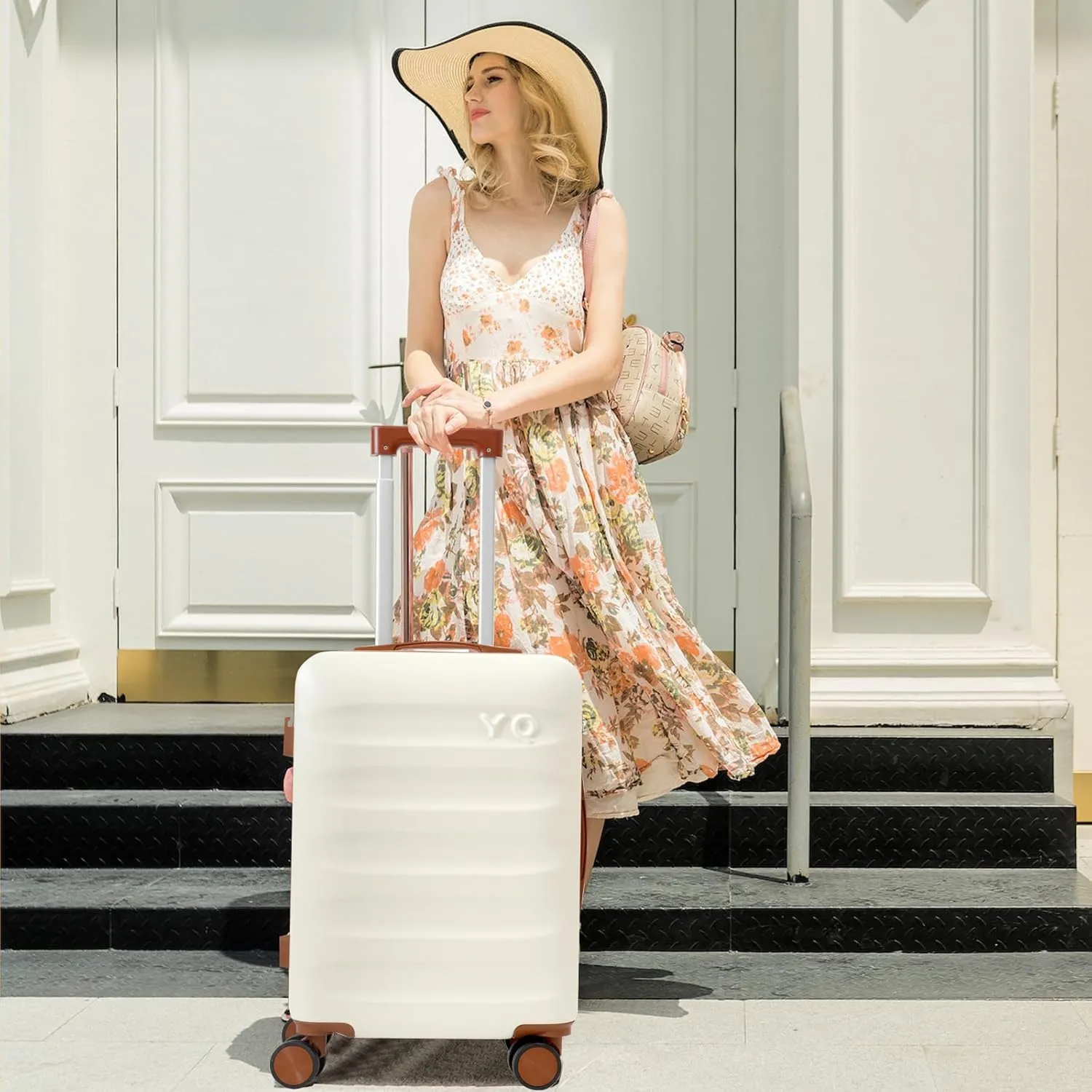 20” Suitcase Set 10 Pcs, Airline Certified Luggage, Carry-on Luggage with Cup Holder and USB Port, Suitable for Business, Traveling (Luggage   2 Travel Bags, 7 Organizer Bags, White)