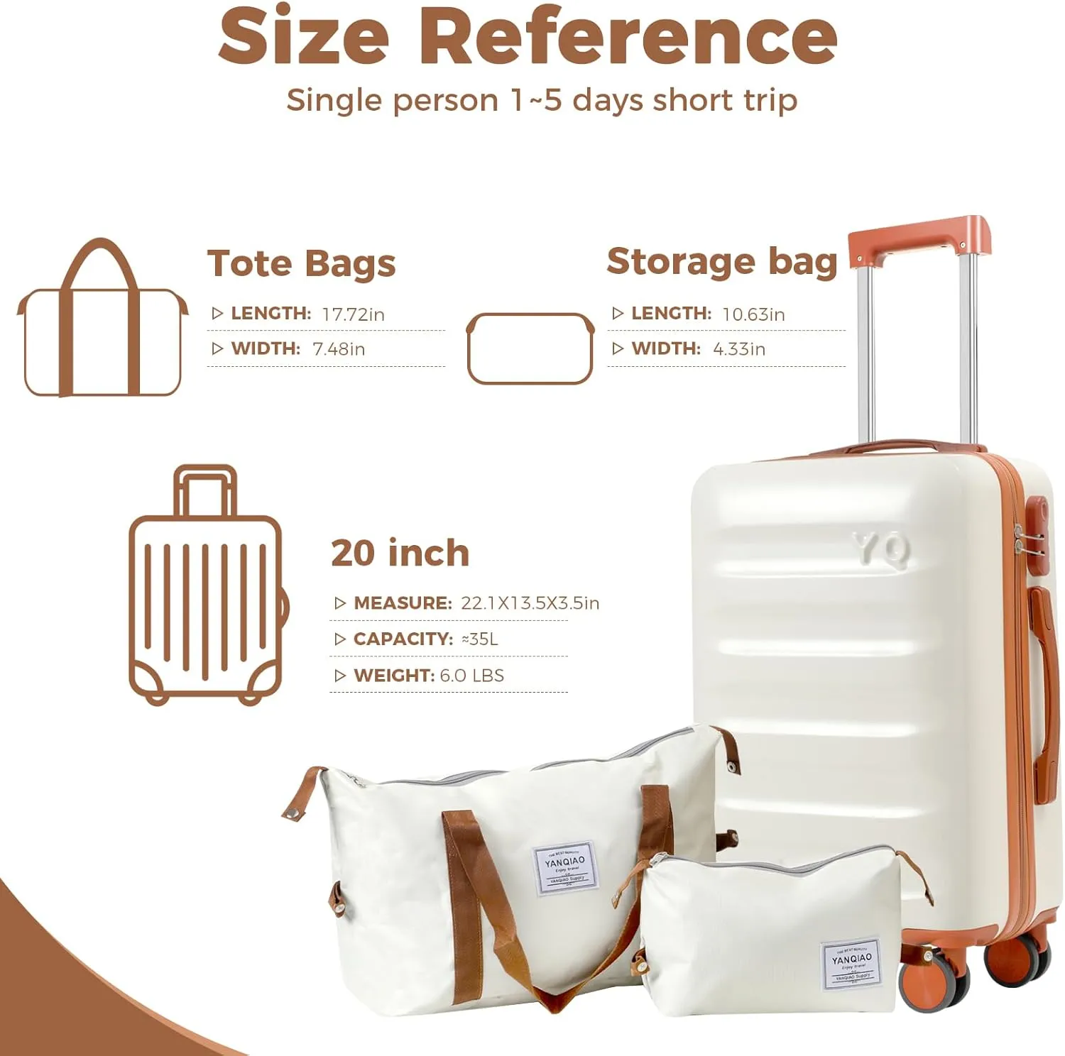 20” Suitcase Set 10 Pcs, Airline Certified Luggage, Carry-on Luggage with Cup Holder and USB Port, Suitable for Business, Traveling (Luggage   2 Travel Bags, 7 Organizer Bags, White)