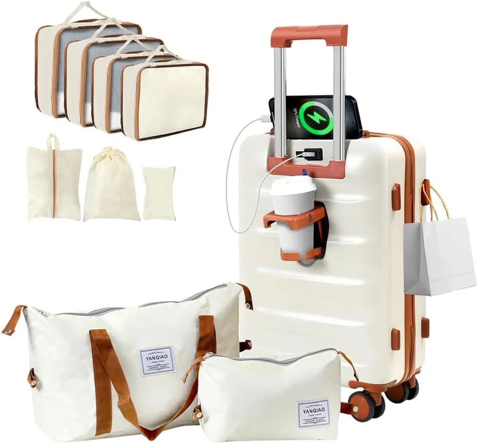 20” Suitcase Set 10 Pcs, Airline Certified Luggage, Carry-on Luggage with Cup Holder and USB Port, Suitable for Business, Traveling (Luggage   2 Travel Bags, 7 Organizer Bags, White)