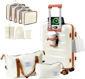 20” Suitcase Set 10 Pcs, Airline Certified Luggage, Carry-on Luggage with Cup Holder and USB Port, Suitable for Business, Traveling (Luggage   2 Travel Bags, 7 Organizer Bags, White)