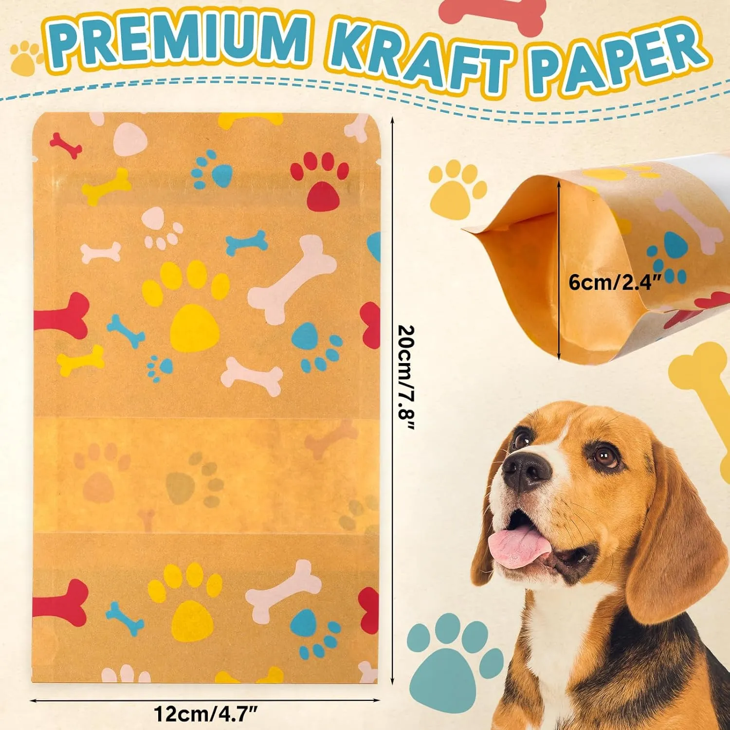 200 Pcs Paw Dog Treat Bags by Puppy's 4.7" x 7.9" Paw Gift Bags Resealable Stand up Kraft Paper Zip Pouches for Canine Delights, Food-Safe Material(Brown)