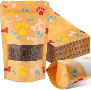 200 Pcs Paw Dog Treat Bags by Puppy's 4.7" x 7.9" Paw Gift Bags Resealable Stand up Kraft Paper Zip Pouches for Canine Delights, Food-Safe Material(Brown)