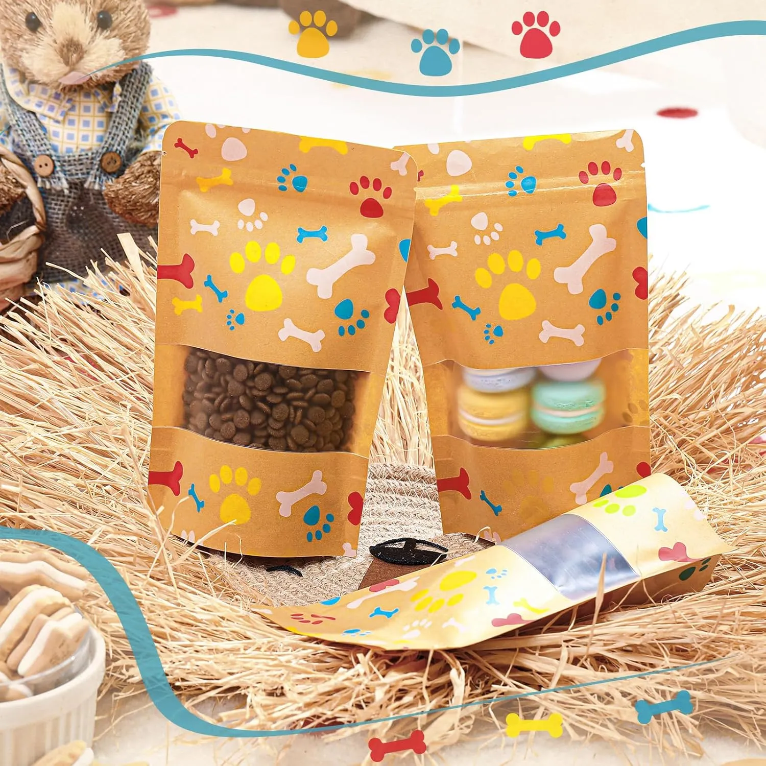 200 Pcs Paw Dog Treat Bags by Puppy's 4.7" x 7.9" Paw Gift Bags Resealable Stand up Kraft Paper Zip Pouches for Canine Delights, Food-Safe Material(Brown)