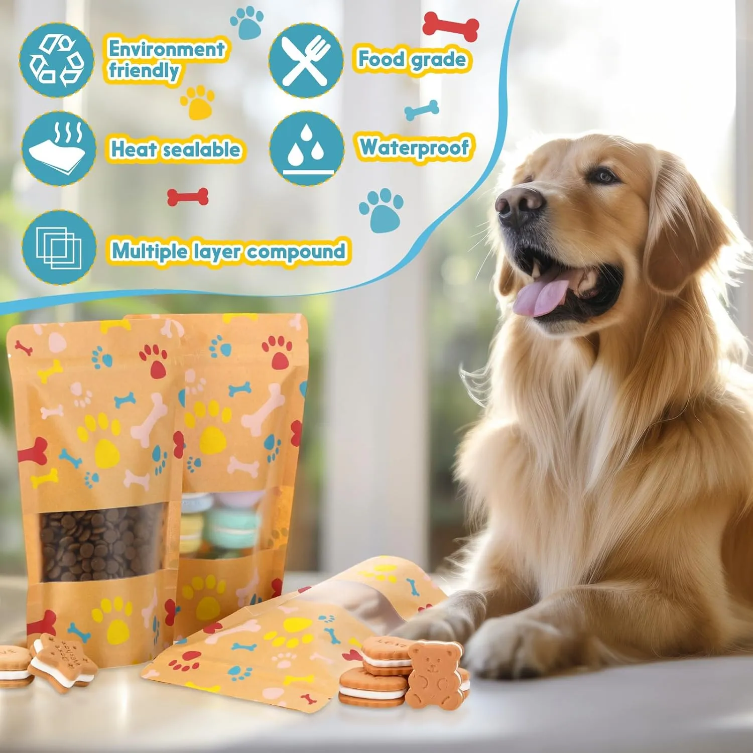 200 Pcs Paw Dog Treat Bags by Puppy's 4.7" x 7.9" Paw Gift Bags Resealable Stand up Kraft Paper Zip Pouches for Canine Delights, Food-Safe Material(Brown)
