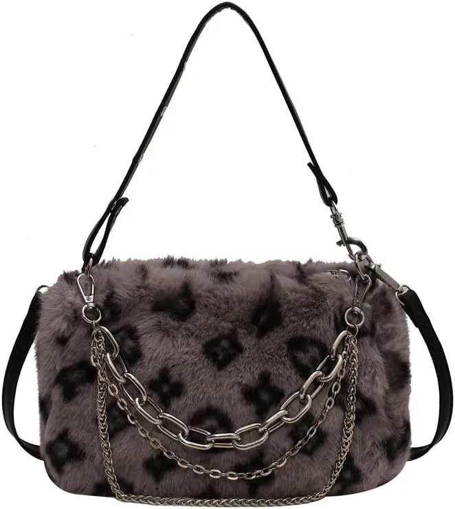 2022 New Leopard Print Plush Shoulder Cross-body Bag Fashion Chain One-shoulder Armpit Tote Y2K Purse Hobo Bag