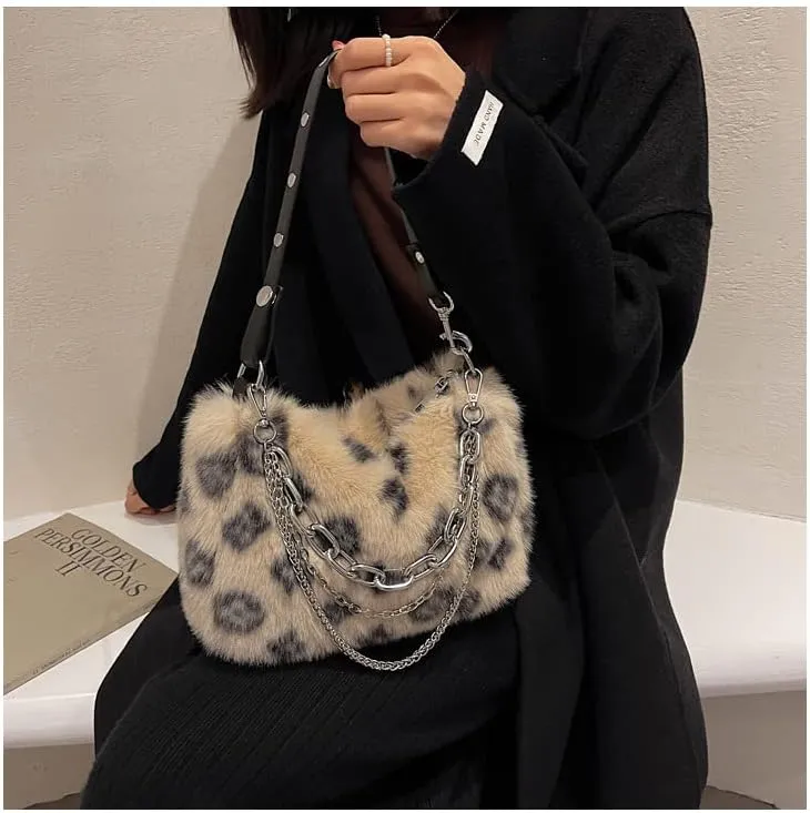 2022 New Leopard Print Plush Shoulder Cross-body Bag Fashion Chain One-shoulder Armpit Tote Y2K Purse Hobo Bag