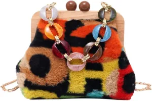 2022 Women's Plush Shoulder Bag Fashion Fluffy Cross-body Bag Soft Date Bag Chain Tote, Y2K Tote Bag Wooden Clip Bag (Colored)