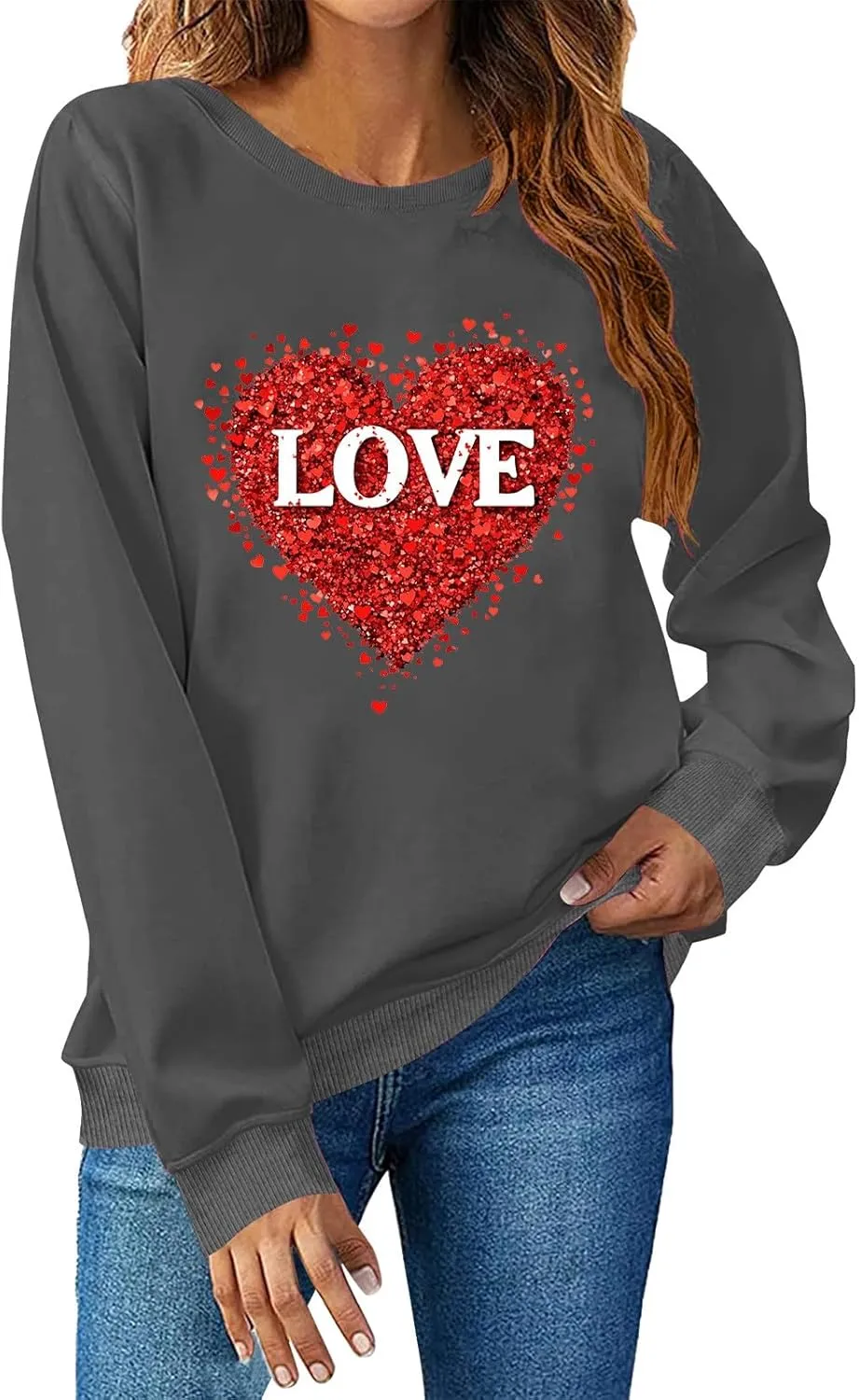 2025 Sweatshirt for Women Trendy Long Sleeve Heart Printed Tops Going Out Beach Playing Casual Blouses