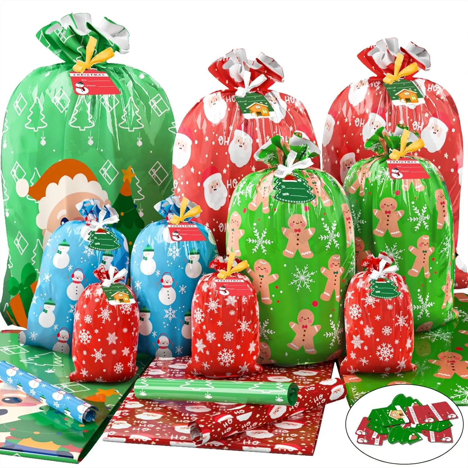 22PCS Gift Bags Set, 5 Styles Christmas Bags for Gifts, Holiday Reusable Santa Gift Bag (3 X-Large, 3 Large, 5 Medium, 5 Small, 6 Mini) & 22 Cards & 16 Ribbons & 40 Ties