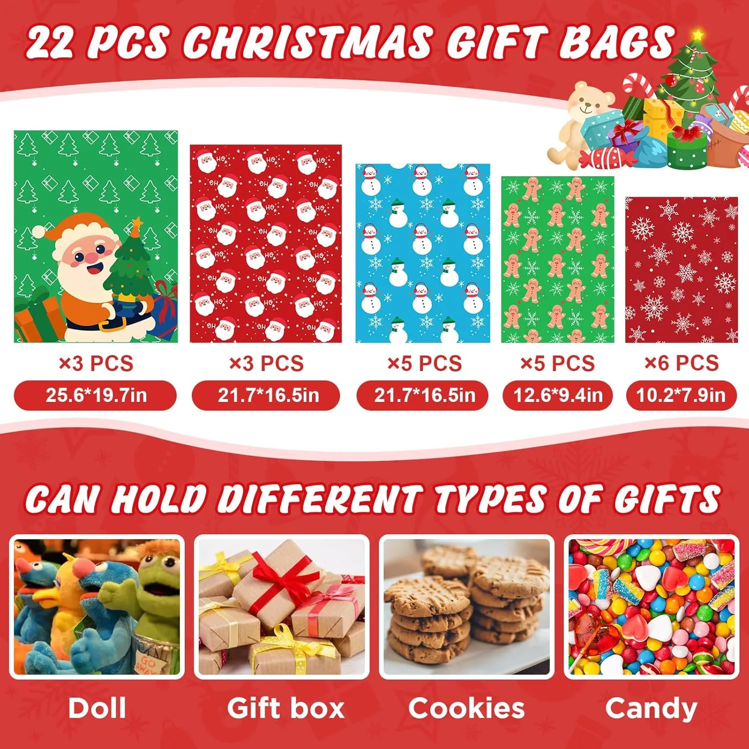 22PCS Gift Bags Set, 5 Styles Christmas Bags for Gifts, Holiday Reusable Santa Gift Bag (3 X-Large, 3 Large, 5 Medium, 5 Small, 6 Mini) & 22 Cards & 16 Ribbons & 40 Ties