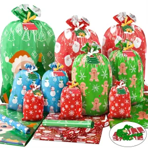 22PCS Gift Bags Set, 5 Styles Christmas Bags for Gifts, Holiday Reusable Santa Gift Bag (3 X-Large, 3 Large, 5 Medium, 5 Small, 6 Mini) & 22 Cards & 16 Ribbons & 40 Ties