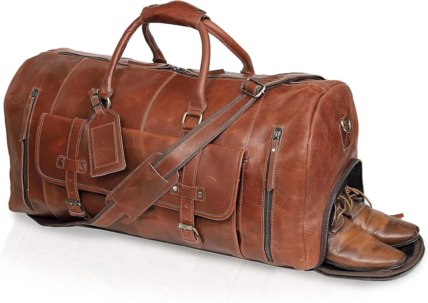24 Inch Genuine Leather Duffel Travel Overnight Weekend Leather Bag Sports Gym Duffel Luggage Travel Bag For Men And Women travelling cabin duffle Bag