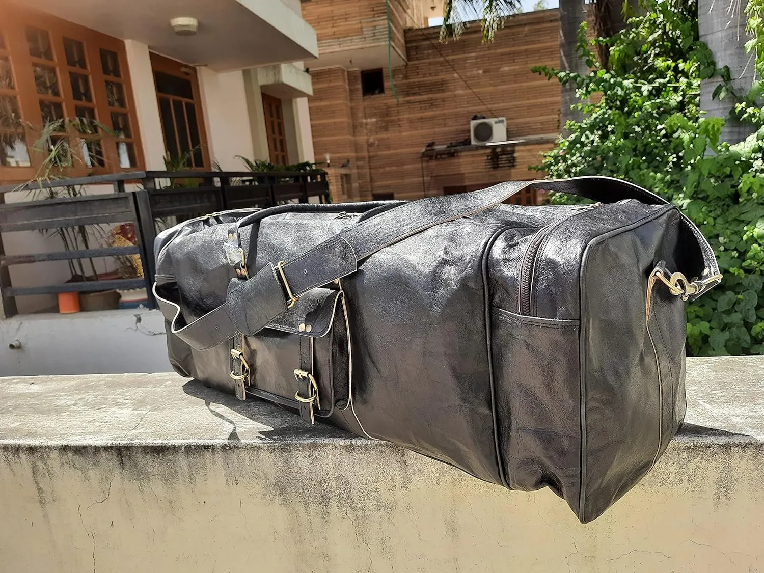 24'' Large BLACK Duffle Men Genuine Leather Travel Luggage Gym Weekend Overnight Bag (36 inches)