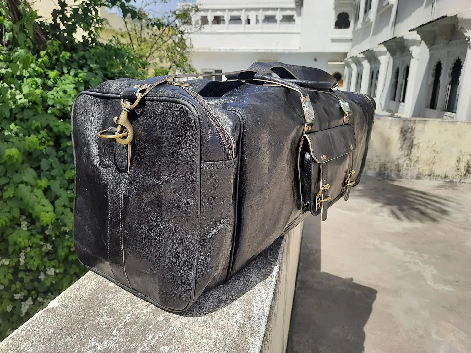 24'' Large BLACK Duffle Men Genuine Leather Travel Luggage Gym Weekend Overnight Bag (36 inches)