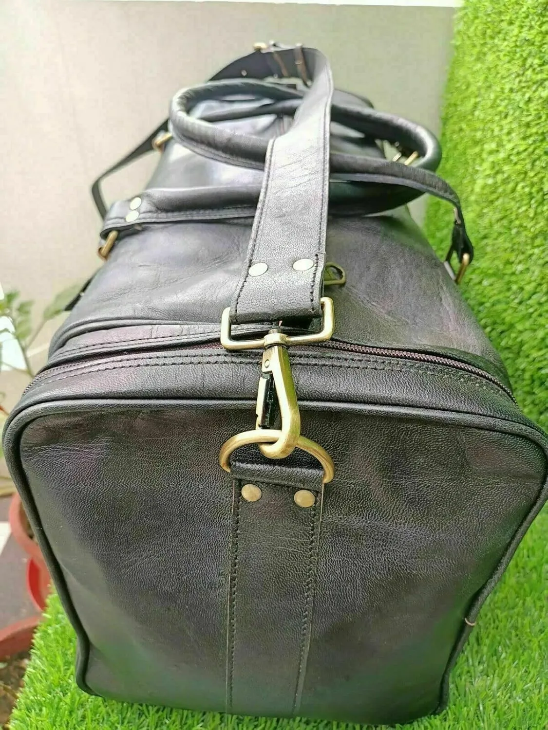 24'' Large BLACK Duffle Men Genuine Leather Travel Luggage Gym Weekend Overnight Bag (36 inches)