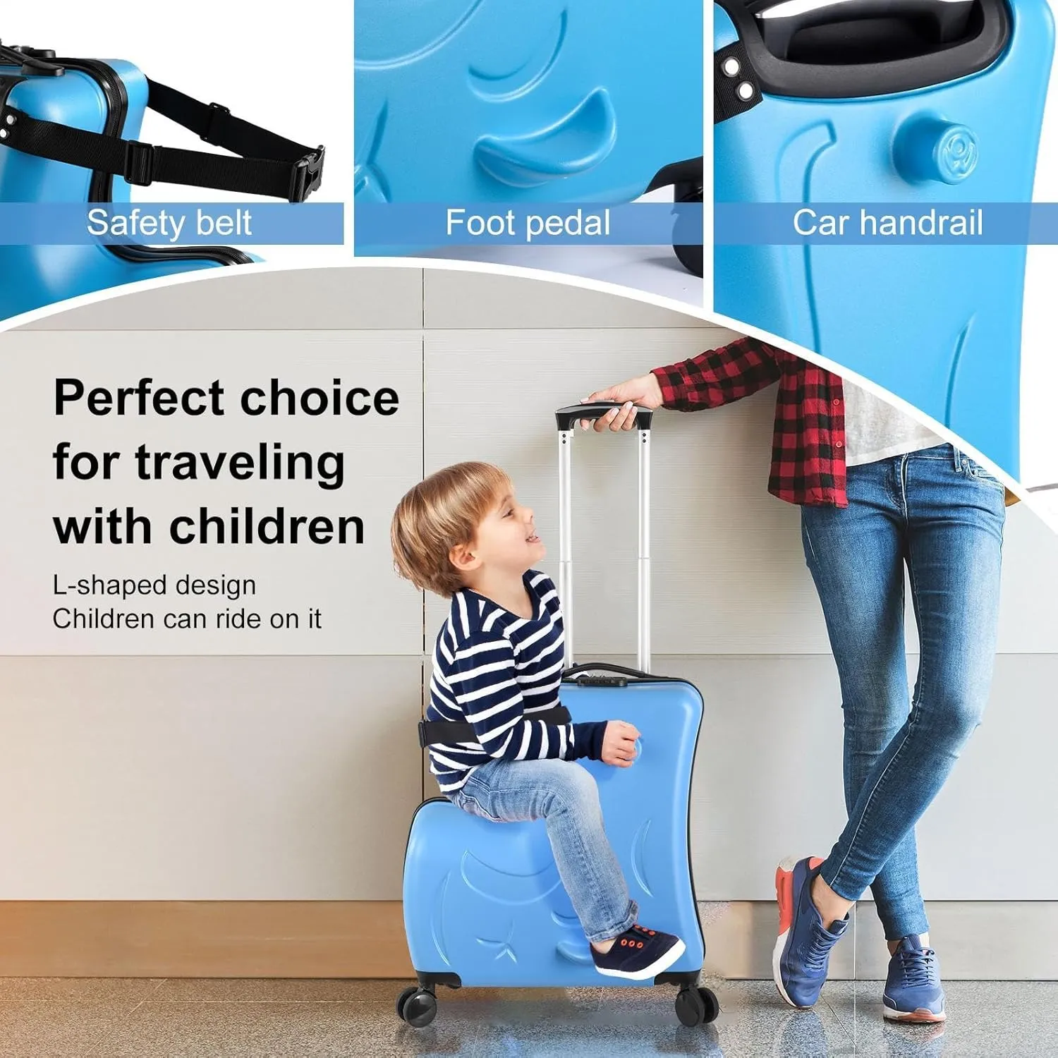 24" Ride Suitcase for Kids Aged 6-12, Carry Kids Luggage with Silent Wheels, Safety Belt, Combination Lock, Handlebars and Pedals, Equipped With Duffel Bag for Carry Luggage (blue)