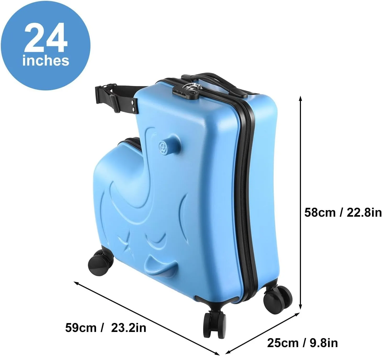 24" Ride Suitcase for Kids Aged 6-12, Carry Kids Luggage with Silent Wheels, Safety Belt, Combination Lock, Handlebars and Pedals, Equipped With Duffel Bag for Carry Luggage (blue)