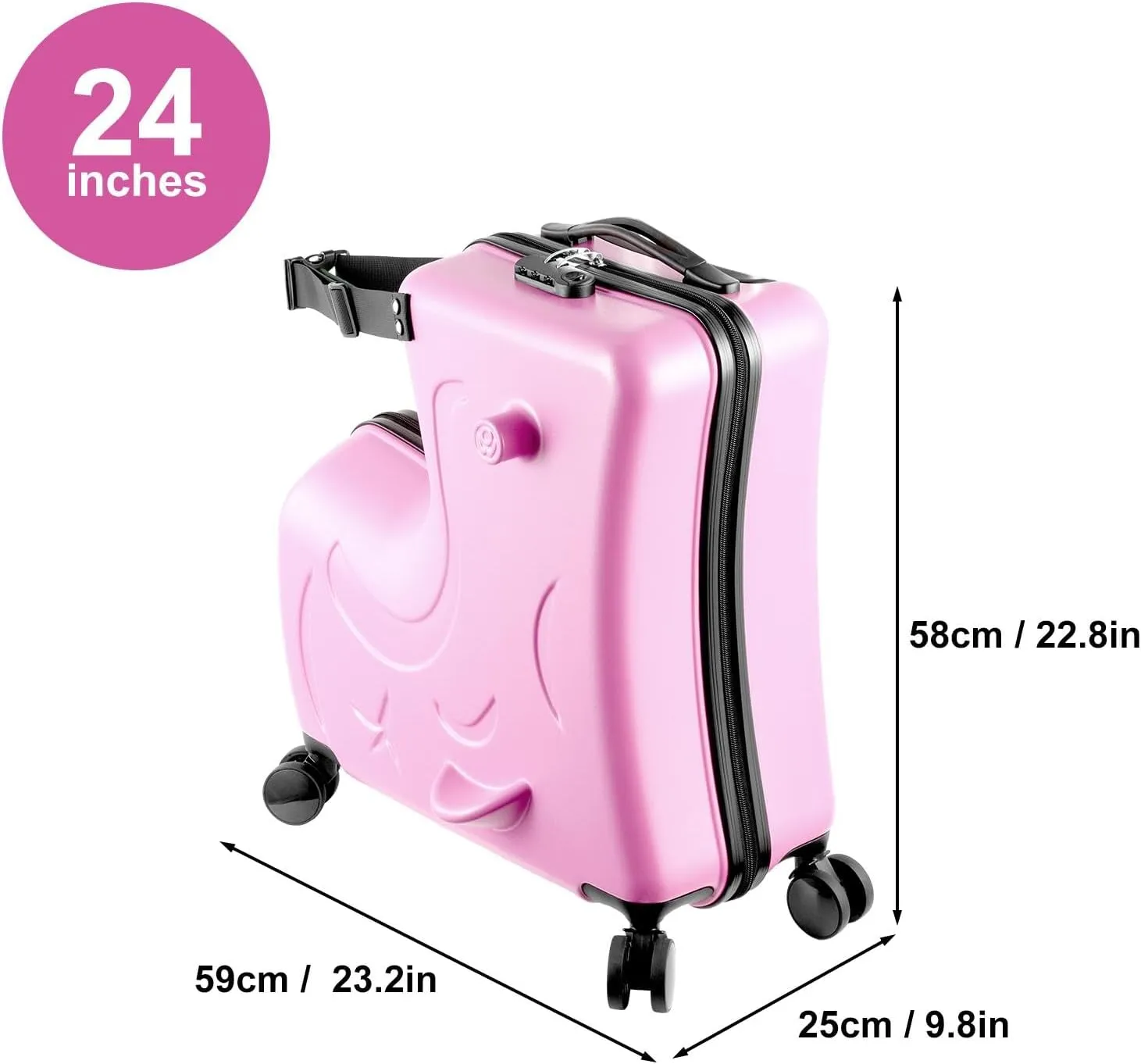 24" Ride Suitcase for Kids Aged 6-12, Carry Kids Luggage with Silent Wheels, Safety Belt, Combination Lock, Handlebars and Pedals, Equipped With Duffel Bag for Carry Luggage ((pink)
