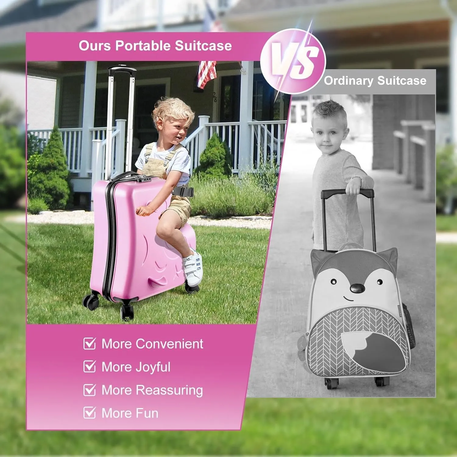 24" Ride Suitcase for Kids Aged 6-12, Carry Kids Luggage with Silent Wheels, Safety Belt, Combination Lock, Handlebars and Pedals, Equipped With Duffel Bag for Carry Luggage ((pink)