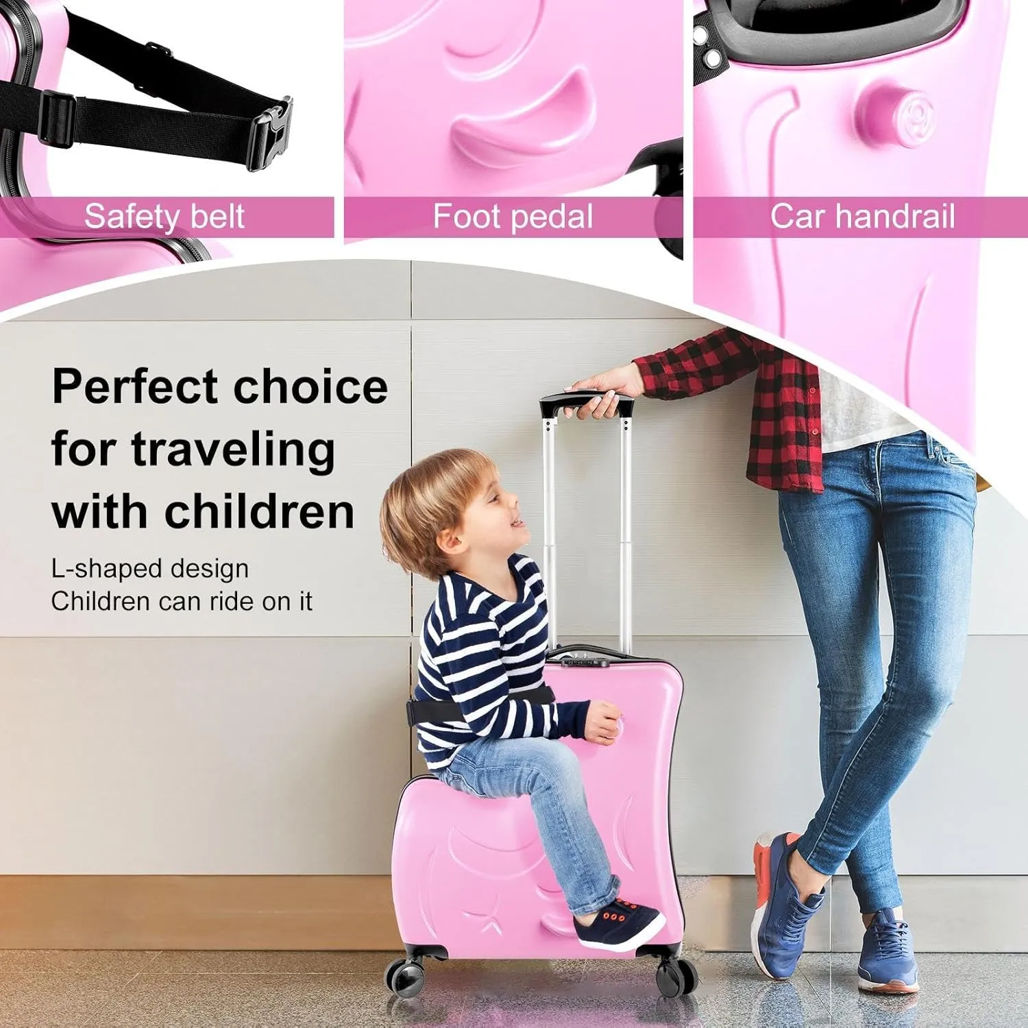 24" Ride Suitcase for Kids Aged 6-12, Carry Kids Luggage with Silent Wheels, Safety Belt, Combination Lock, Handlebars and Pedals, Equipped With Duffel Bag for Carry Luggage ((pink)