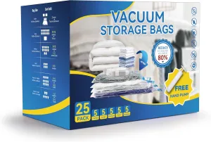 25 Combo Vacuum Seal Bags (5 Jumbo/5 Large/5 Medium/5 Small/5 Roll M) with Hand Pump, Vacuum Storage Bags, Space Saver Bags for Comforters, Blankets, Bedding, Pillows, Clothes