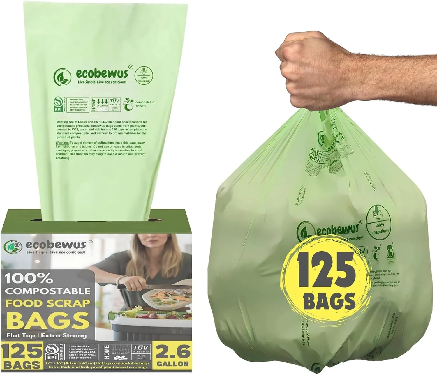 2.6 Gallon 100% Compostable Bags Flat Top (125 Bags) Small Disposable Compost Trash Bags Food Scrap Garbage Bags US BPI Certified TUV OK Compost Home Certified Meeting ASTM D6400 (125 ct.)