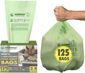 2.6 Gallon 100% Compostable Bags Flat Top (125 Bags) Small Disposable Compost Trash Bags Food Scrap Garbage Bags US BPI Certified TUV OK Compost Home Certified Meeting ASTM D6400 (125 ct.)