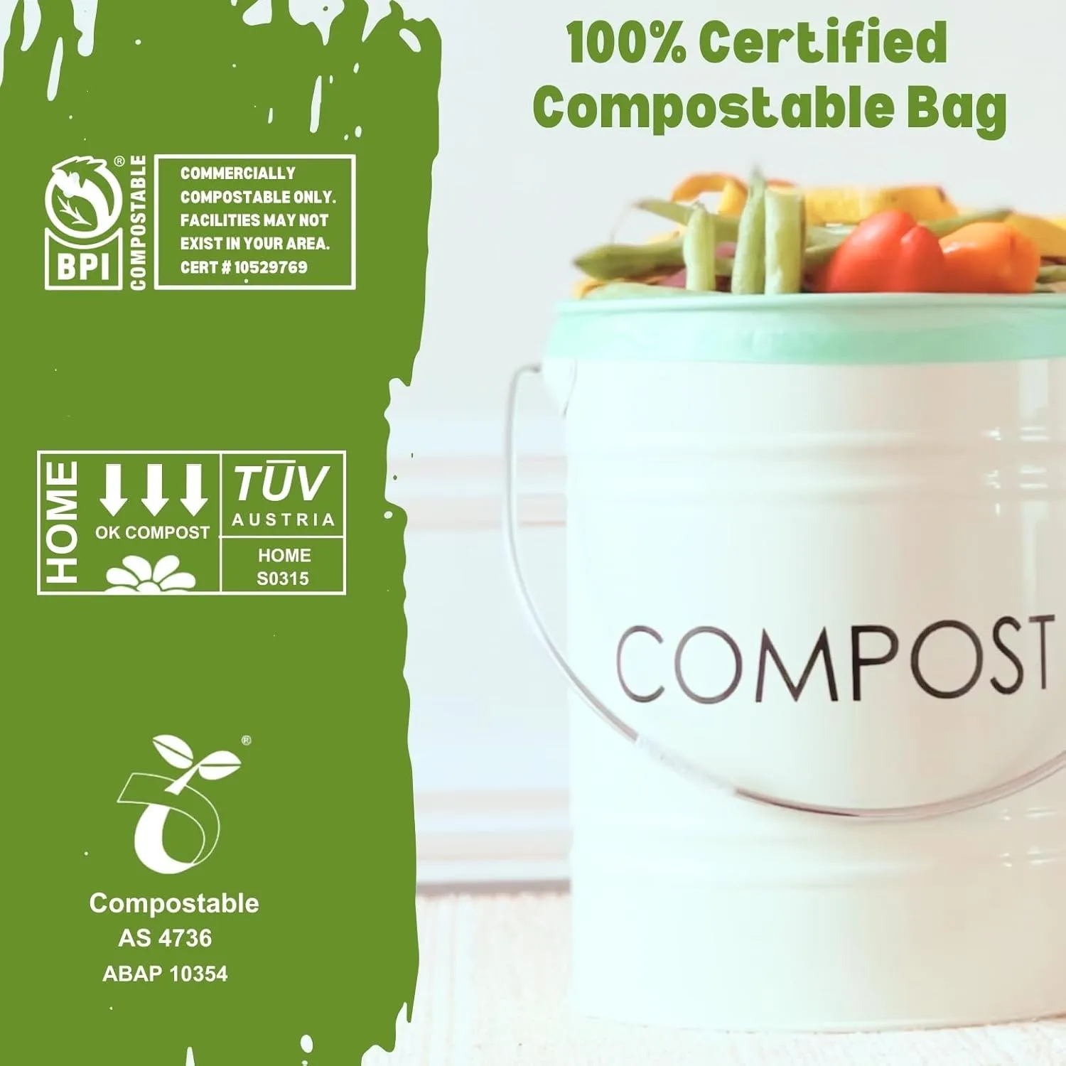 2.6 Gallon 100% Compostable Bags Flat Top (125 Bags) Small Disposable Compost Trash Bags Food Scrap Garbage Bags US BPI Certified TUV OK Compost Home Certified Meeting ASTM D6400 (125 ct.)