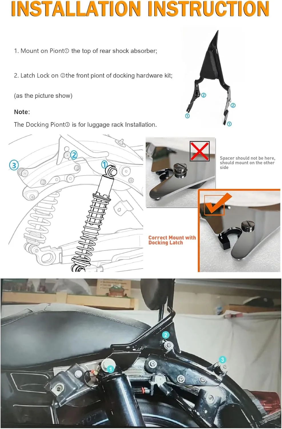 26" Height Black Sissy Bar, Detachable Passenger Backrest Rear Pad Compatible for Harley Davidson Touring Models 2009-2023 2024 Street Glide Road Glide Electra Glide Road King