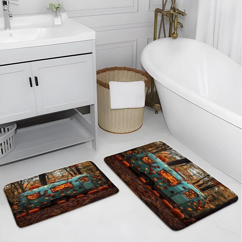 2PCS Happy Fall Camper Bath Mat Rustic Autumn Pumpkin Tree Mountain Adventure Tent Camping Travel Trailer Bathroom Rug Microfiber Memory Foam Shower Mat Kitchen Bath Floor Rugs