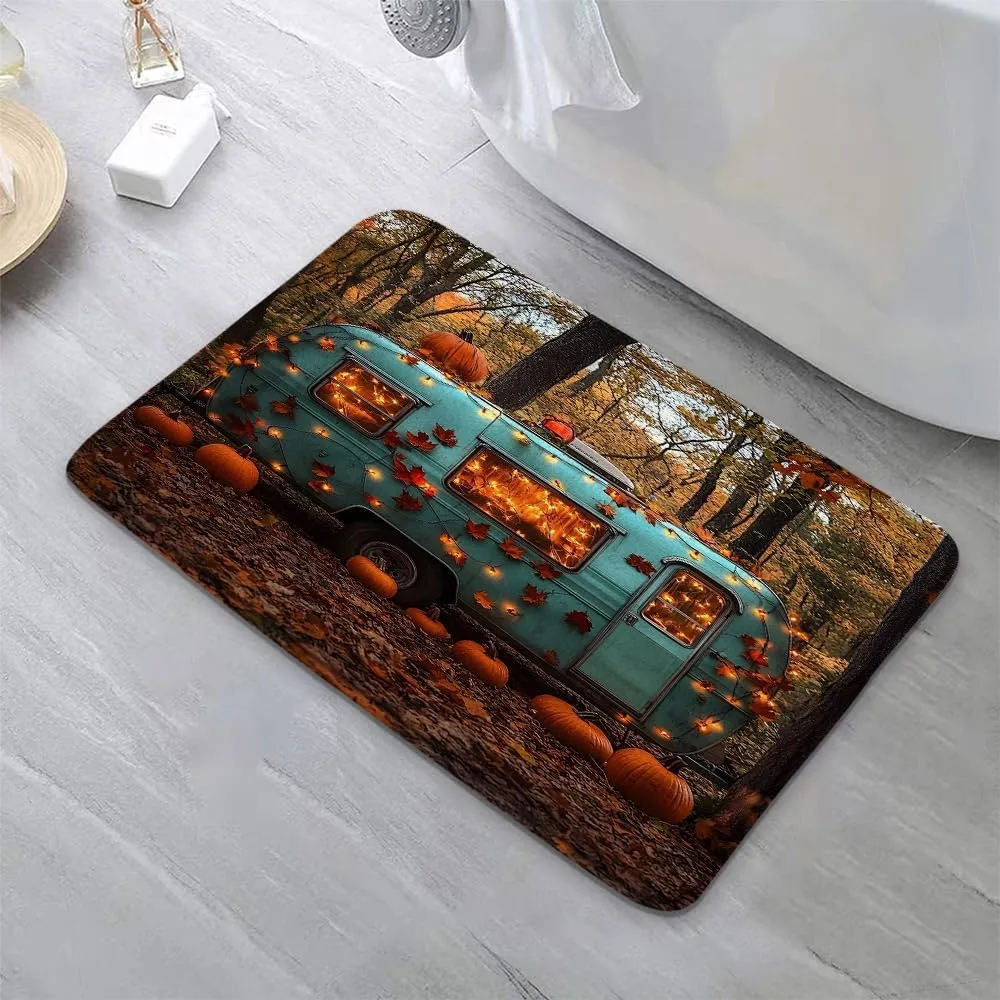 2PCS Happy Fall Camper Bath Mat Rustic Autumn Pumpkin Tree Mountain Adventure Tent Camping Travel Trailer Bathroom Rug Microfiber Memory Foam Shower Mat Kitchen Bath Floor Rugs