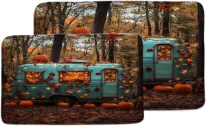 2PCS Happy Fall Camper Bath Mat Rustic Autumn Pumpkin Tree Mountain Adventure Tent Camping Travel Trailer Bathroom Rug Microfiber Memory Foam Shower Mat Kitchen Bath Floor Rugs
