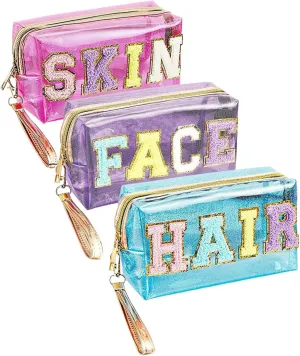 3 PCS Preppy Makeup Bags for Women, Chenille Letter Patch Cosmetic Bags with SKIN HAIR FACE Letter, Waterproof Zipper Pouch Toiletry Bag for Travel
