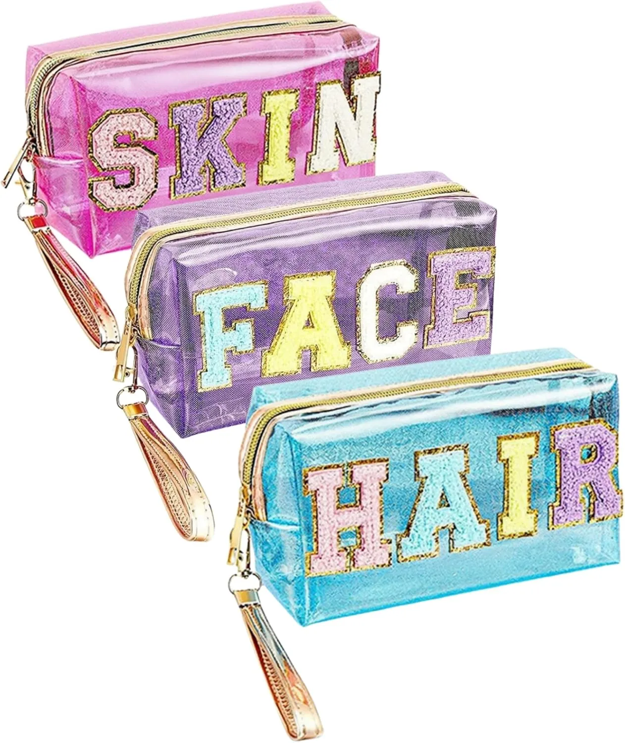 3 PCS Preppy Makeup Bags for Women, Chenille Letter Patch Cosmetic Bags with SKIN HAIR FACE Letter, Waterproof Zipper Pouch Toiletry Bag for Travel