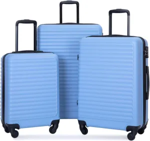 3-Piece ABS Luggage Set (20"/24"/28") - Lightweight Hardshell Suitcases with Lock, 360° Spinner Wheels & 2 Utility Hooks - Carry-On & Checked Luggage (Light Blue   ABS)