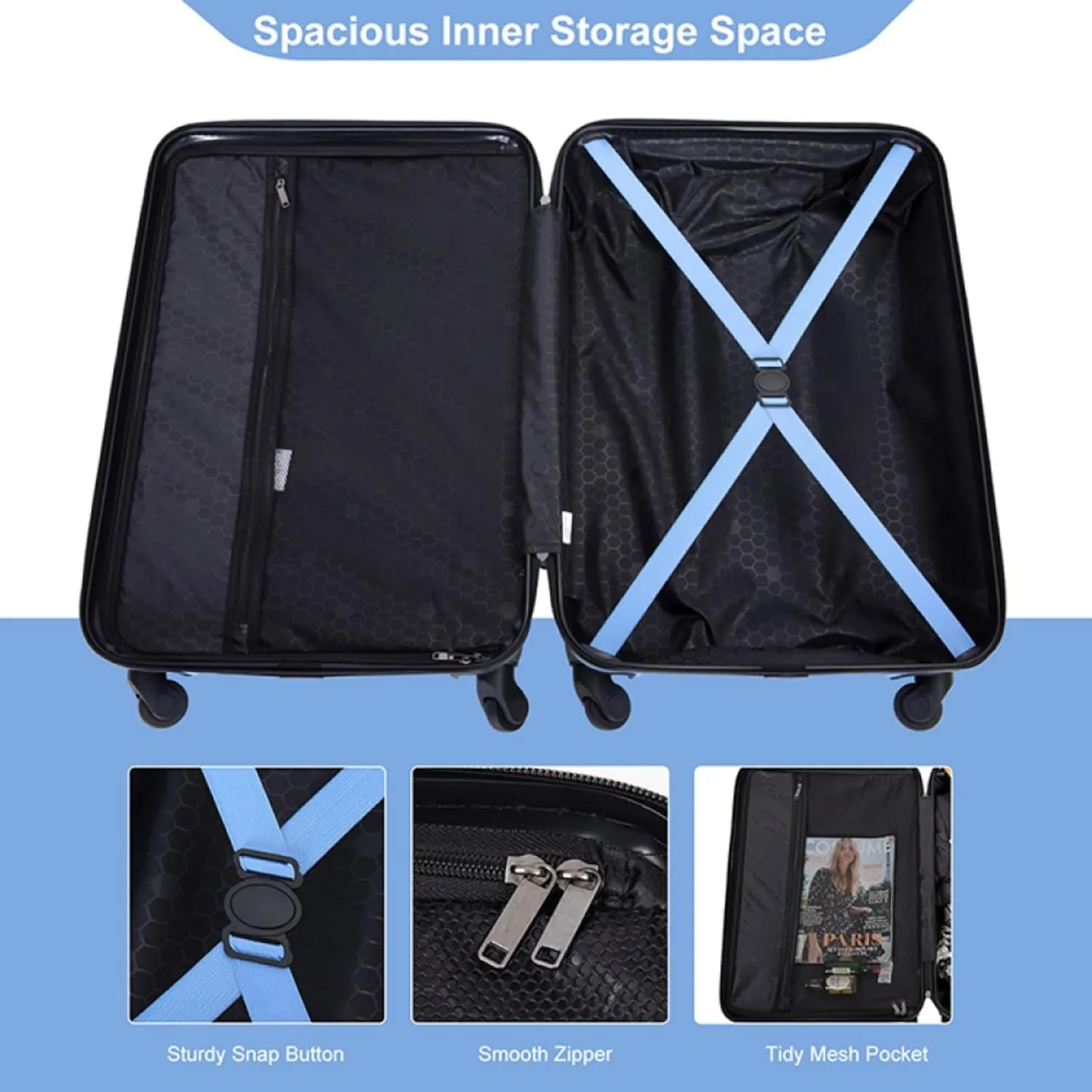 3-Piece ABS Luggage Set (20"/24"/28") - Lightweight Hardshell Suitcases with Lock, 360° Spinner Wheels & 2 Utility Hooks - Carry-On & Checked Luggage (Light Blue   ABS)