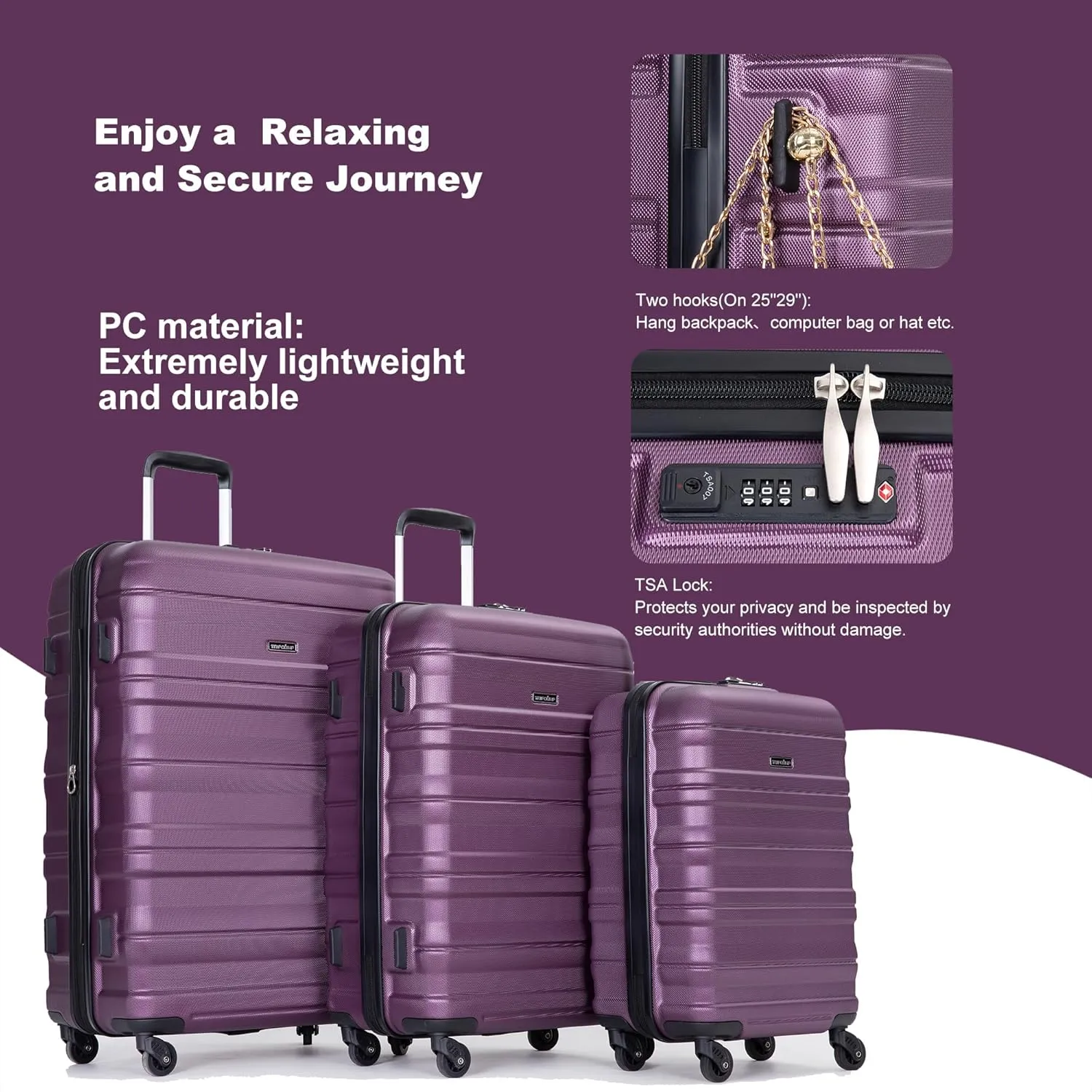 3 Piece Expandable Suitcase Luggage Sets PC Durable Lightweight Travel Suitcase Set with Spinner Wheels, 2 Hooks, TSA Lock (21in/25in/29in) Dark Purple One Size