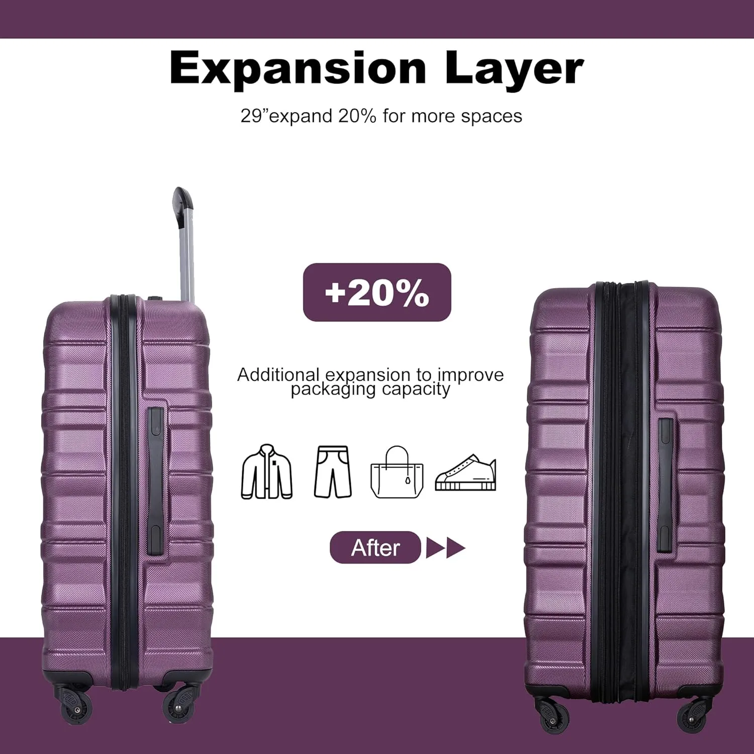 3 Piece Expandable Suitcase Luggage Sets PC Durable Lightweight Travel Suitcase Set with Spinner Wheels, 2 Hooks, TSA Lock (21in/25in/29in) Dark Purple One Size