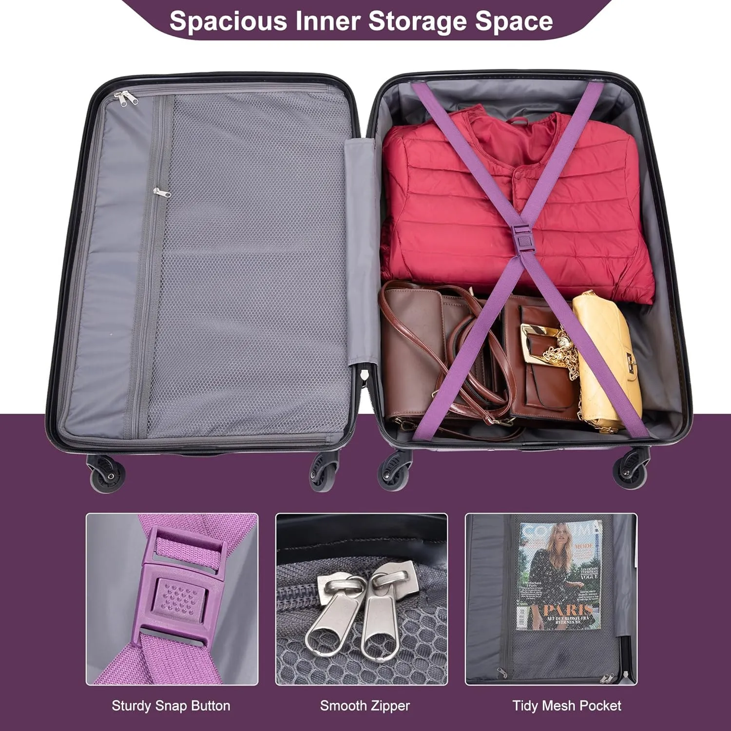 3 Piece Expandable Suitcase Luggage Sets PC Durable Lightweight Travel Suitcase Set with Spinner Wheels, 2 Hooks, TSA Lock (21in/25in/29in) Dark Purple One Size