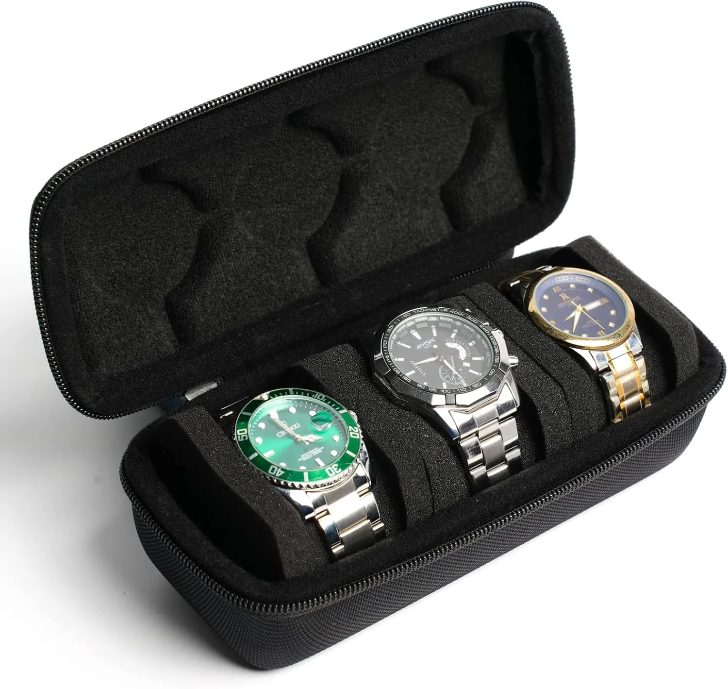 3 watch travel case roll, Hard watch carry case roll display storage organizer box for men and women with soft foam pillows snug fit all size watches up to 60mm face
