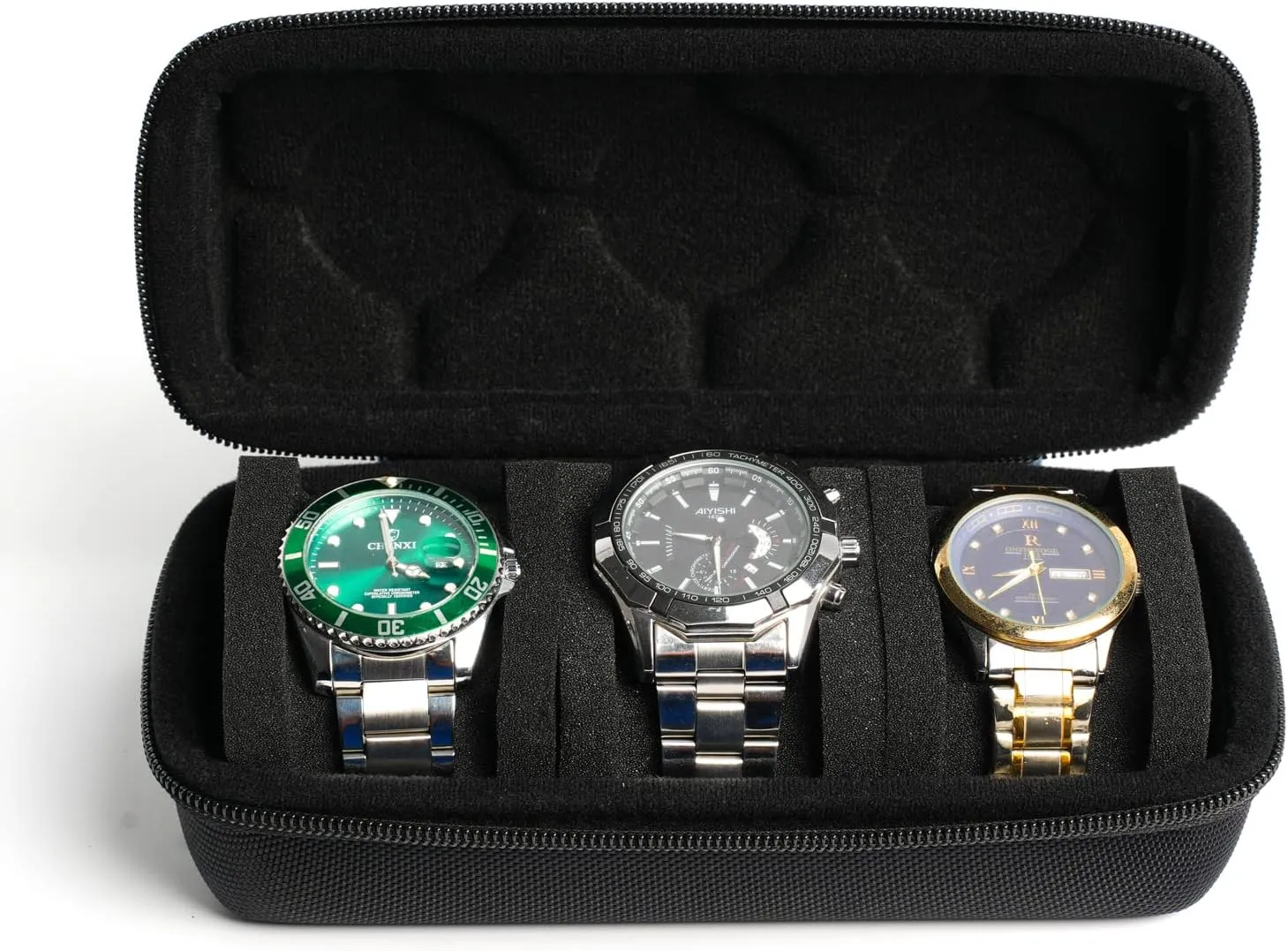 3 watch travel case roll, Hard watch carry case roll display storage organizer box for men and women with soft foam pillows snug fit all size watches up to 60mm face