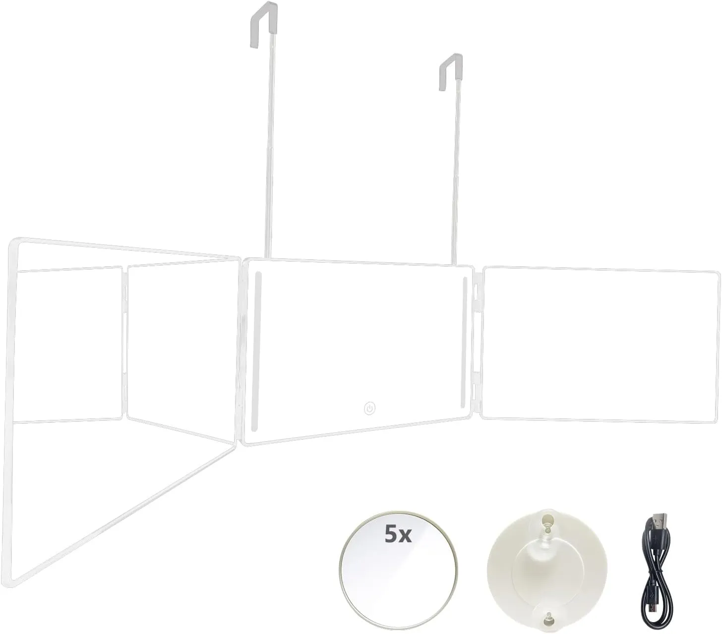 3 Way Trifold Mirror with Adjustable Height Brackets - Perfect for Haircuts, Dyeing Hair & Makeup - 5X Magnification (White with LED)