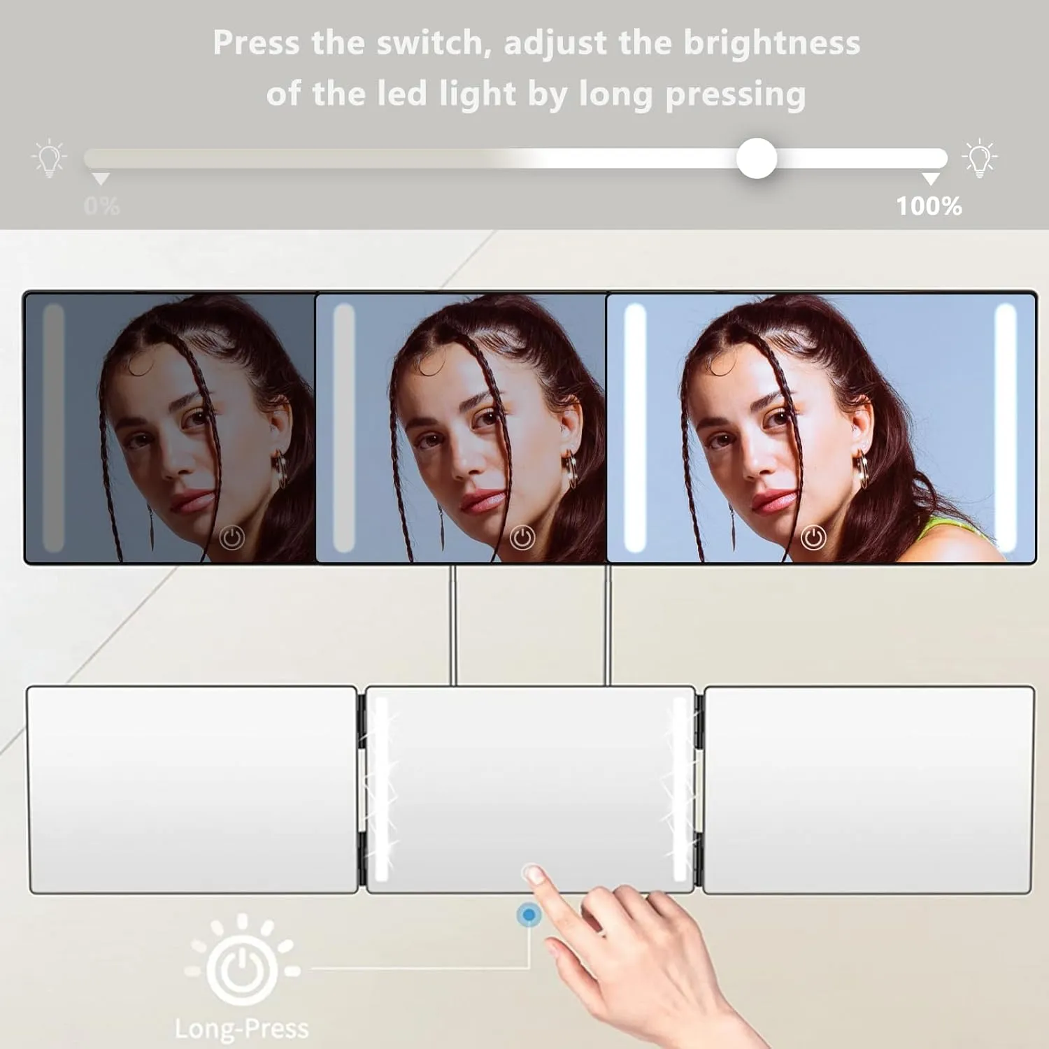 3 Way Trifold Mirror with Adjustable Height Brackets - Perfect for Haircuts, Dyeing Hair & Makeup - 5X Magnification (White with LED)