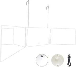3 Way Trifold Mirror with Adjustable Height Brackets - Perfect for Haircuts, Dyeing Hair & Makeup - 5X Magnification (White with LED)